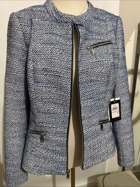 DKNY Blue and White Tweed Zip-Front Blazer